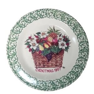 Roseville Spongeware Pottery Christmas Plate 1997 Gerald Henn Mindi Moore Basket